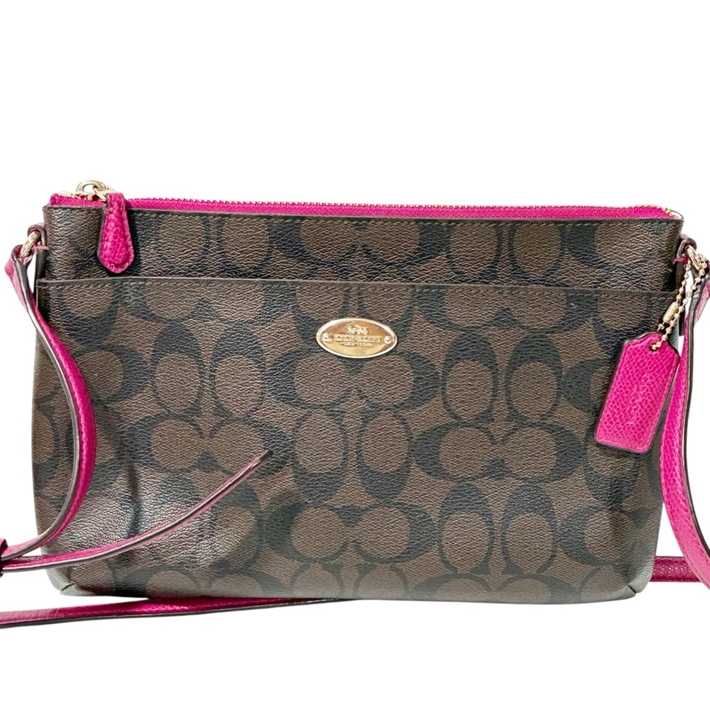 Coach Brown/Pink Signature Coated Canvas and Leather Crossbody Bag Pouch - Picture 1 of 6